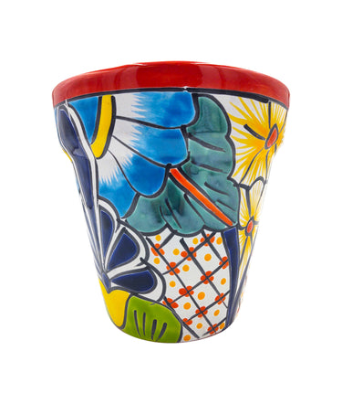 Mexican Talavera Hand Painted Planter Pot (Maceta Ranchera #20) - Traditional Ceramic Garden & Home Décor - Red Trim